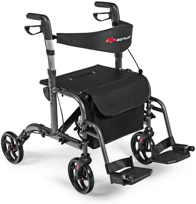 2 in 1 Folding Rollator Walker, 4 Wheel Medical Rolling Walker - GoplusUS