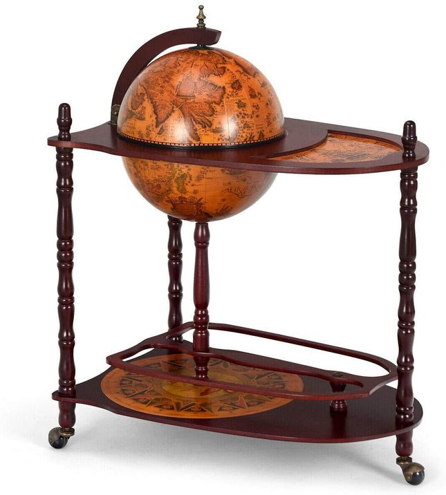 34" Wood Globe Wine Bar Stand 16th Century Italian Rack Bigger Shelf for More Liquor Bottle - GoplusUS