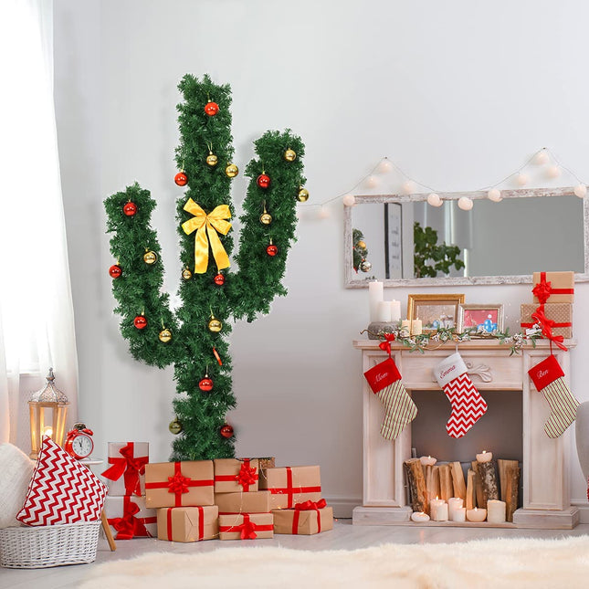 Pre-Lit Artificial Cactus Christmas Tree with LED Lights and Ball Ornaments -  Goplus