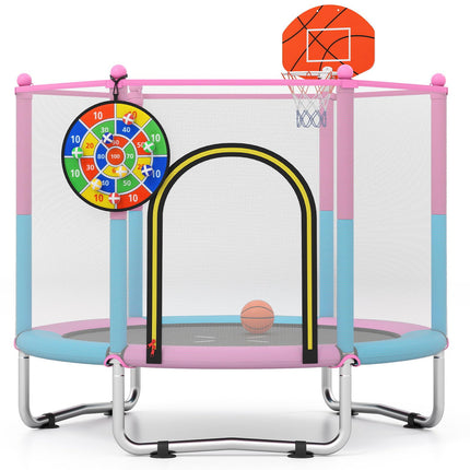 Goplus 60" Trampoline for Kids with Basketball Hoop Dart Board Safe Enclosure Net