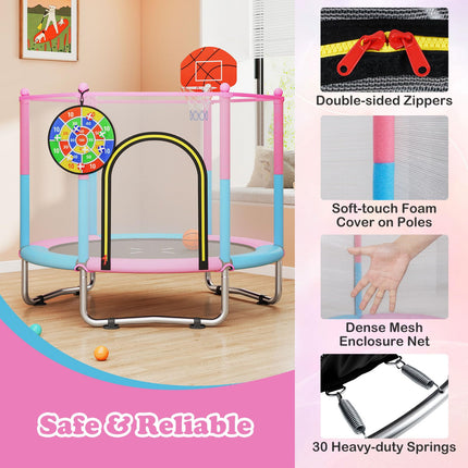 Goplus 60" Trampoline for Kids with Basketball Hoop Dart Board Safe Enclosure Net