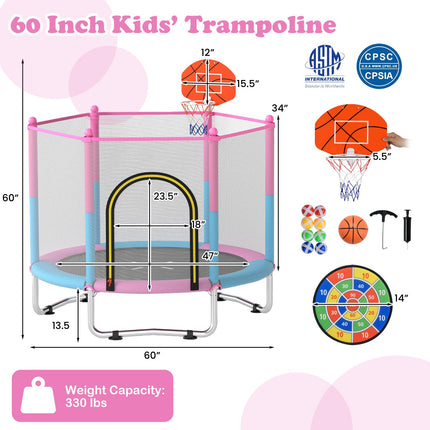 Goplus 60" Trampoline for Kids with Basketball Hoop Dart Board Safe Enclosure Net