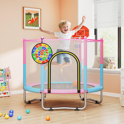 Goplus 60" Trampoline for Kids with Basketball Hoop Dart Board Safe Enclosure Net