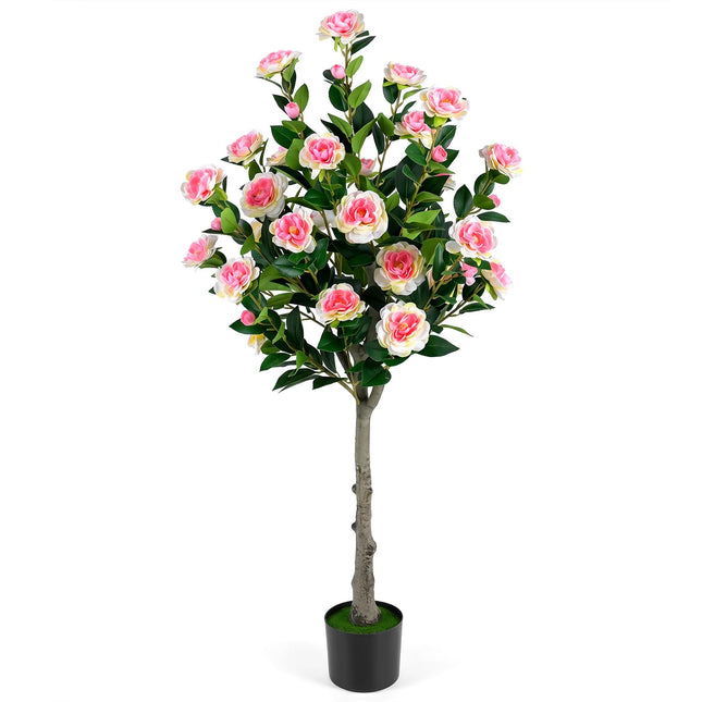 Goplus 50.5" Artificial Camellia Tree with 27 Camellia Blossoms | Realistic Fake Potted Floral Tree