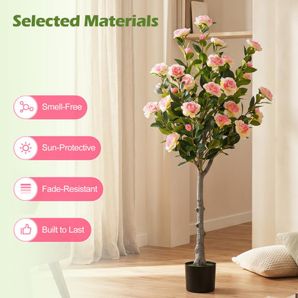 Goplus 50.5" Artificial Camellia Tree with 27 Camellia Blossoms | Realistic Fake Potted Floral Tree