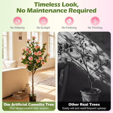 Goplus 50.5" Artificial Camellia Tree with 27 Camellia Blossoms | Realistic Fake Potted Floral Tree