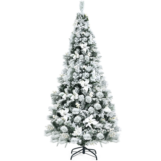 Goplus Snow Flocked Artificial Christmas Tree, Hinged Xmas Tree w/ Folding Metal Stand, Office, Party, Wedding - GoplusUS