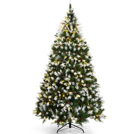 Goplus Pre-lit Snow Flocked Christmas Tree,Hinged Artificial Xmas Tree, Indoor Holiday Festival Decoration - GoplusUS