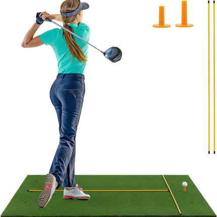 Goplus Golf Mat, 5x3ft/5x4ft Golf Hitting Mat 20/25/27/32mm Thick w/2 Alignment Sticks & 2 Golf Tees