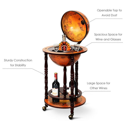 17" Wood Globe Wine Bar Stand 16th Century Italian Rack Liquor Bottle Shelf with Wheels - GoplusUS