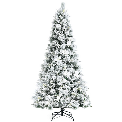 Goplus Snow Flocked Artificial Christmas Tree, Hinged Xmas Tree w/ Folding Metal Stand, Office, Party, Wedding - GoplusUS