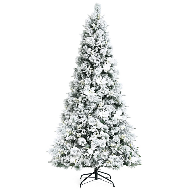 Goplus Snow Flocked Artificial Christmas Tree, Hinged Xmas Tree w/ Folding Metal Stand, Office, Party, Wedding - GoplusUS