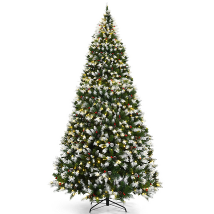 Goplus Pre-lit Snow Flocked Christmas Tree,Hinged Artificial Xmas Tree, Indoor Holiday Festival Decoration - GoplusUS