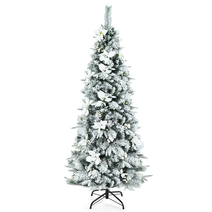 Goplus Snow Flocked Pencil Christmas Tree, Hinged Artificial Skinny Xmas Tree with White Berries - GoplusUS