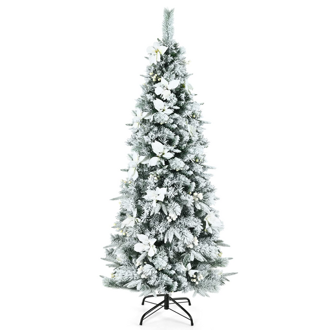 Goplus Snow Flocked Pencil Christmas Tree, Hinged Artificial Skinny Xmas Tree with White Berries - GoplusUS