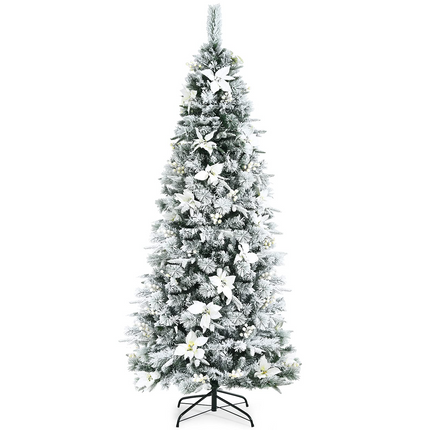 Goplus Snow Flocked Pencil Christmas Tree, Hinged Artificial Skinny Xmas Tree with White Berries - GoplusUS