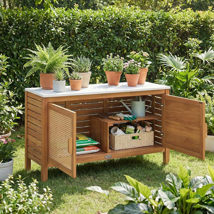 Goplus Outdoor Acacia Wood Storage Cabinet Outside Tool Cabinet (16" x 43" x 24"-Rattan Door)