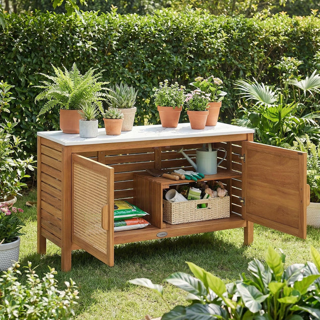 Goplus Outdoor Acacia Wood Storage Cabinet Outside Tool Cabinet (16" x 43" x 24"-Rattan Door)