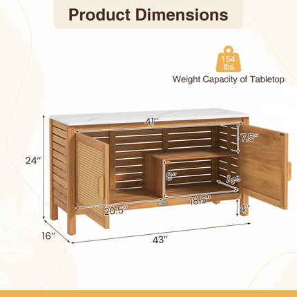 Goplus Outdoor Acacia Wood Storage Cabinet Outside Tool Cabinet (16" x 43" x 24"-Rattan Door)