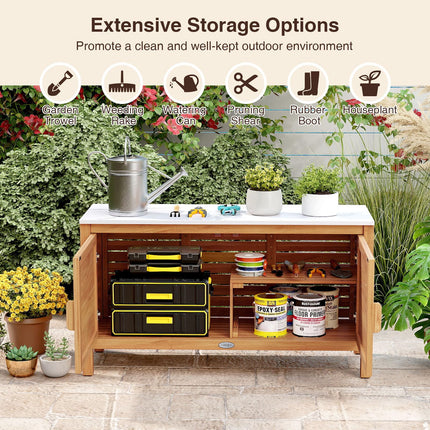 Goplus Outdoor Acacia Wood Storage Cabinet Outside Tool Cabinet (16" x 43" x 24"-Rattan Door)