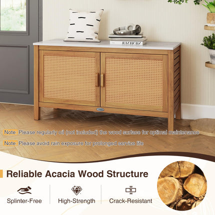 Goplus Outdoor Acacia Wood Storage Cabinet Outside Tool Cabinet (16" x 43" x 24"-Rattan Door)