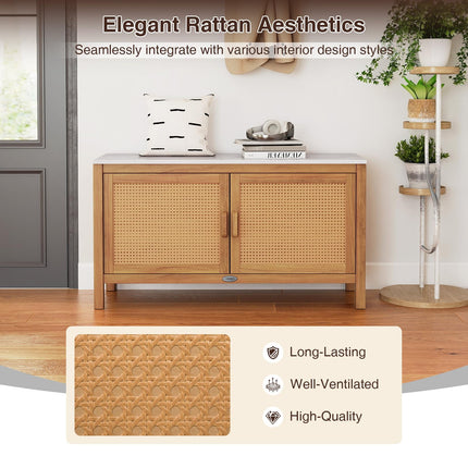 Goplus Outdoor Acacia Wood Storage Cabinet Outside Tool Cabinet (16" x 43" x 24"-Rattan Door)