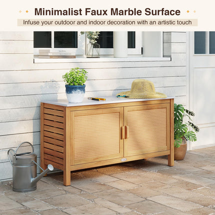 Goplus Outdoor Acacia Wood Storage Cabinet Outside Tool Cabinet (16" x 43" x 24"-Rattan Door)