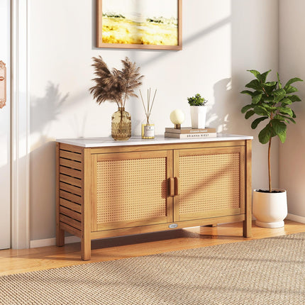 Goplus Outdoor Acacia Wood Storage Cabinet Outside Tool Cabinet (16" x 43" x 24"-Rattan Door)