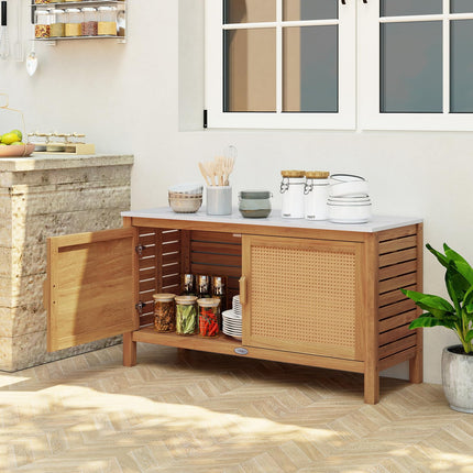 Goplus Outdoor Acacia Wood Storage Cabinet Outside Tool Cabinet (16" x 43" x 24"-Rattan Door)