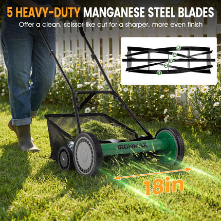 Goplus 18Inch Manual Lawn Mower Quiet No-Motor Walk-Behind Mower for Yard