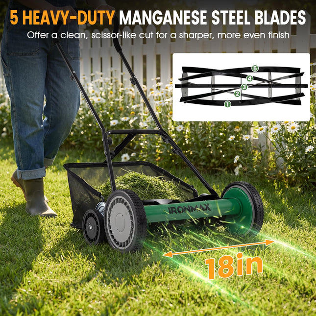 Goplus 18Inch Manual Lawn Mower Quiet No-Motor Walk-Behind Mower for Yard