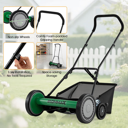 Goplus 18Inch Manual Lawn Mower Quiet No-Motor Walk-Behind Mower for Yard