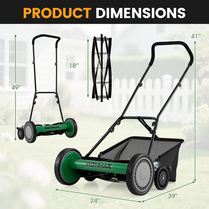 Goplus 18Inch Manual Lawn Mower Quiet No-Motor Walk-Behind Mower for Yard