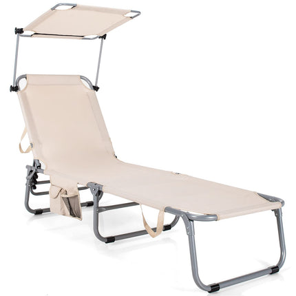 Folding Lounge Chair w/Shade Canopy and Storage Pocket - GoplusUS
