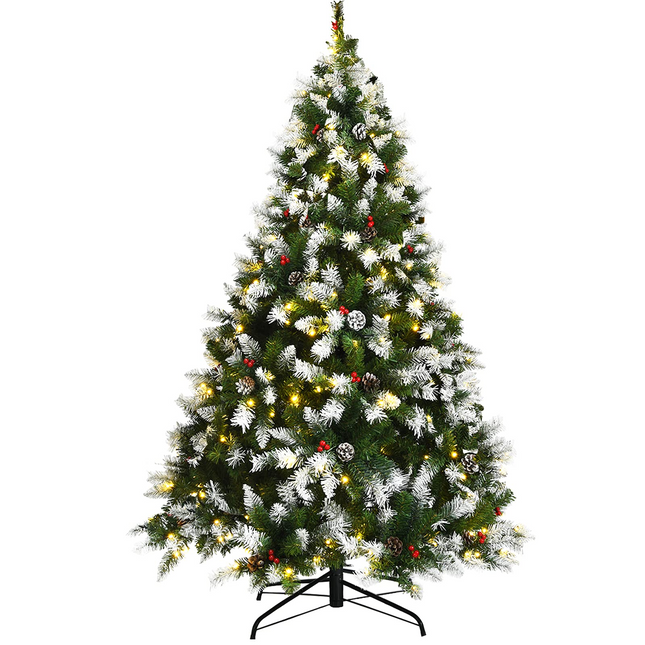 Goplus Pre-lit Snow Flocked Christmas Tree,Hinged Artificial Xmas Tree, Indoor Holiday Festival Decoration - GoplusUS