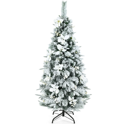 Goplus Snow Flocked Pencil Christmas Tree, Hinged Artificial Skinny Xmas Tree with White Berries - GoplusUS
