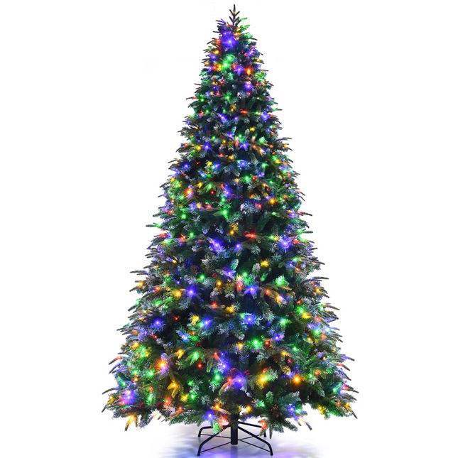 Goplus 8FT Pre-Lit Artificial Christmas Tree, Hinged Realistic Snowy Xmas Pine Tree W/ 780 Color Changing LED Lights, 11 Flash Modes - GoplusUS