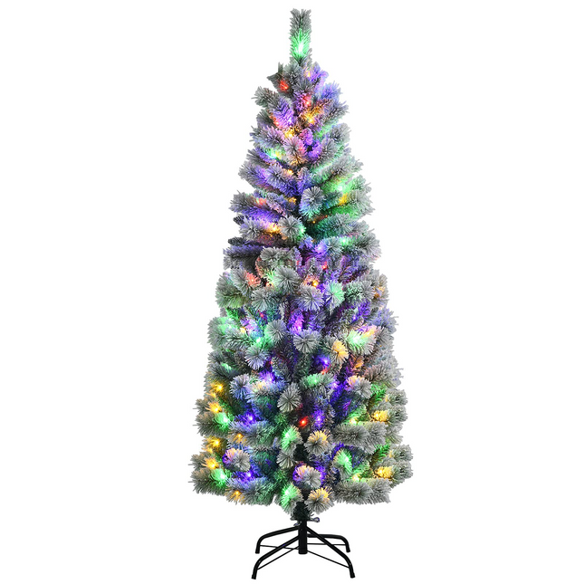 Goplus Snow Flocked Christmas Tree, Premium Hinged Artificial Pine Tree, Remote Controller, Xmas Full Tree for Indoor - GoplusUS