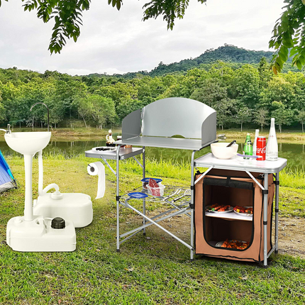 Folding Grill Table with Storage, Aluminum Outdoor Camping Kitchen Table with 26'' Tabletop - GoplusUS