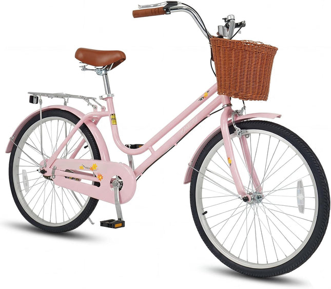 Goplus 24/26 Inch Beach Cruiser Bike for Women w/Basket Rear Rack Bell & Low Step Through Frame