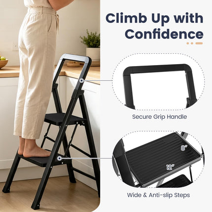 Goplus Folding Step Stool with Wide Anti-Slip Pedals | Foldable Portable Heavy Duty Metal Ladder
