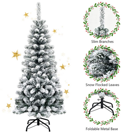 Goplus Artificial Snow Flocked Christmas Tree, Slim Xmas Snowy Tree for Indoor and Outdoor Use - GoplusUS