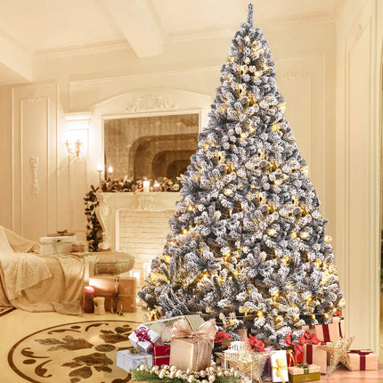 6FT/9FT  Snow Flocked Christmas Tree, Hinged Pine Tree - GoplusUS