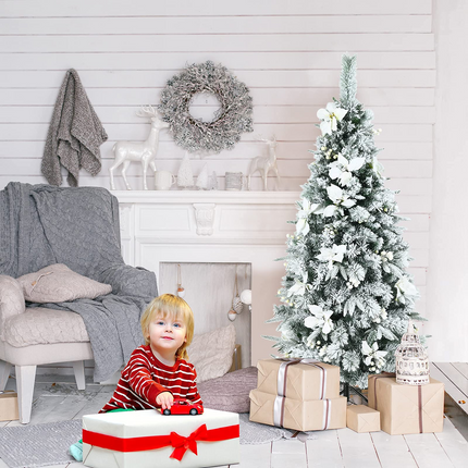 Goplus Snow Flocked Pencil Christmas Tree, Hinged Artificial Skinny Xmas Tree with White Berries - GoplusUS