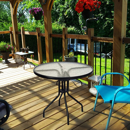 32" Outdoor Patio Table Round Shape Steel Frame Tempered Glass Top - GoplusUS