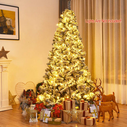 6FT/9FT  Snow Flocked Christmas Tree, Hinged Pine Tree - GoplusUS