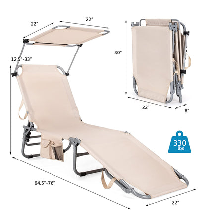 Folding Lounge Chair w/Shade Canopy and Storage Pocket - GoplusUS