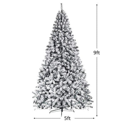 6FT/9FT  Snow Flocked Christmas Tree, Hinged Pine Tree - GoplusUS