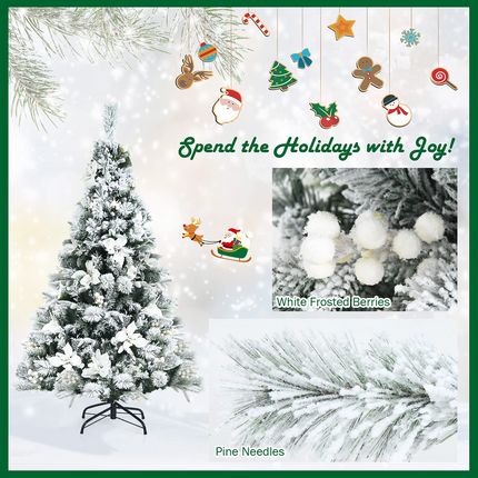 Goplus Snow Flocked Artificial Christmas Tree, Hinged Xmas Tree w/ Folding Metal Stand, Office, Party, Wedding - GoplusUS