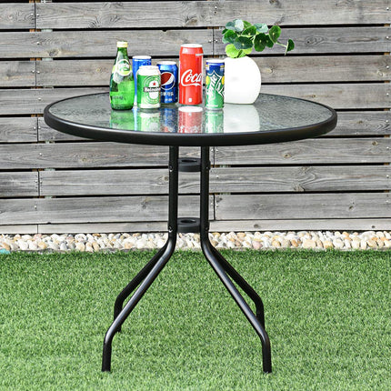32" Outdoor Patio Table Round Shape Steel Frame Tempered Glass Top - GoplusUS